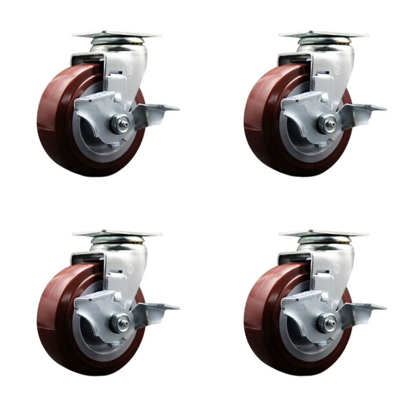 Tool Box Caster Wheel Set 5'' Maroon Polyurethane Swivel Casters, 4PK